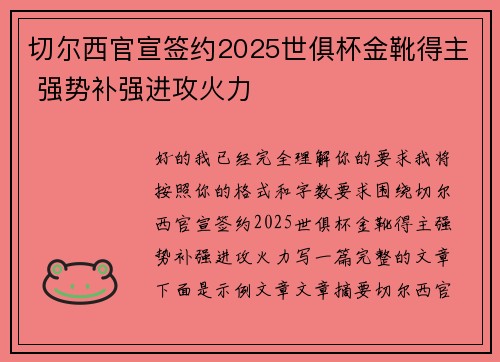 切尔西官宣签约2025世俱杯金靴得主 强势补强进攻火力